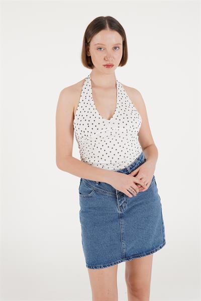 Puantiyeli Boyundan Bağlamalı Beyaz Bluz