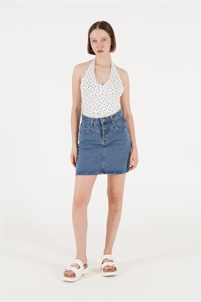 Puantiyeli Boyundan Bağlamalı Beyaz Bluz