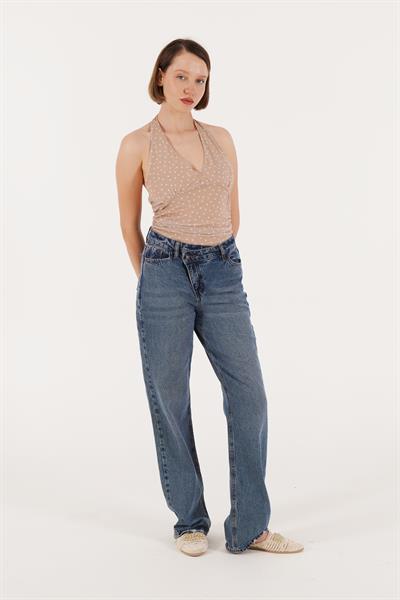 Puantiyeli Boyundan Bağlamalı Camel Bluz