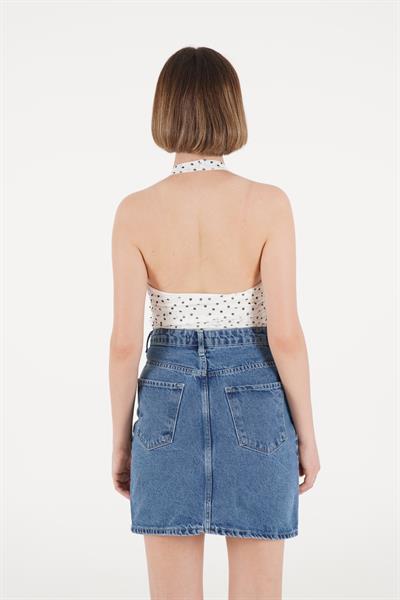 Puantiyeli Boyundan Bağlamalı Beyaz Bluz