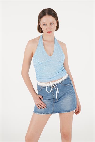 Puantiyeli Boyundan Bağlamalı Bebe  Mavisi Bluz