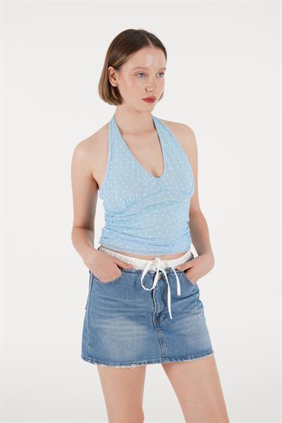 Puantiyeli Boyundan Bağlamalı Bebe  Mavisi Bluz