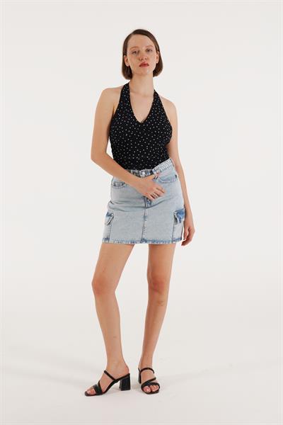 Puantiyeli Boyundan Bağlamalı Siyah Bluz