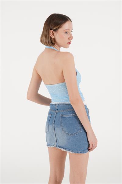 Puantiyeli Boyundan Bağlamalı Bebe  Mavisi Bluz