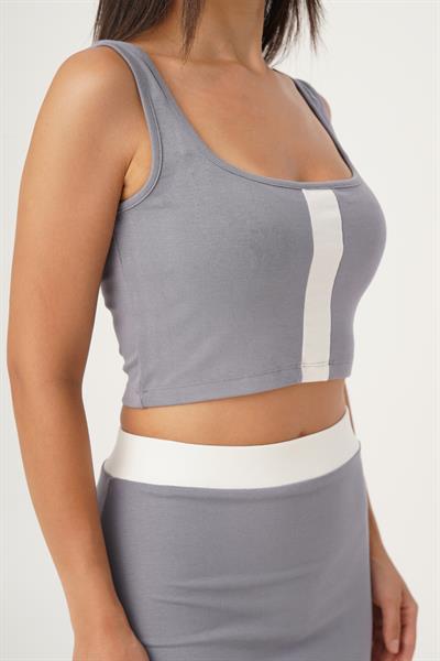 Askılı Crop Etek Gri İkili Takım