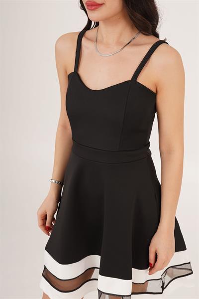 Etek Ucu Garnitül Detaylı Askılı Siyah Elbise