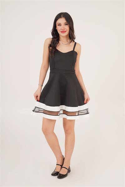 Etek Ucu Garnitül Detaylı Askılı Siyah Elbise