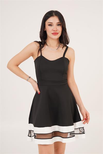 Etek Ucu Garnitül Detaylı Askılı Siyah Elbise