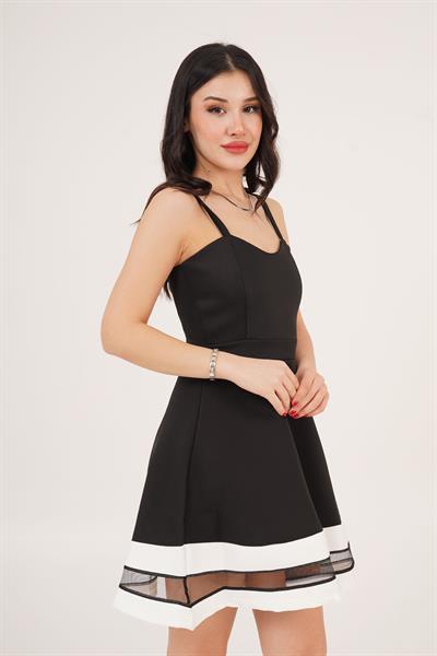 Etek Ucu Garnitül Detaylı Askılı Siyah Elbise