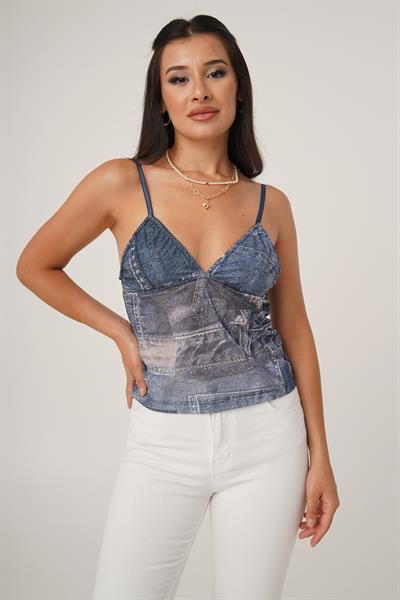 Askılı Kot Görünümlü Mavi Bluz