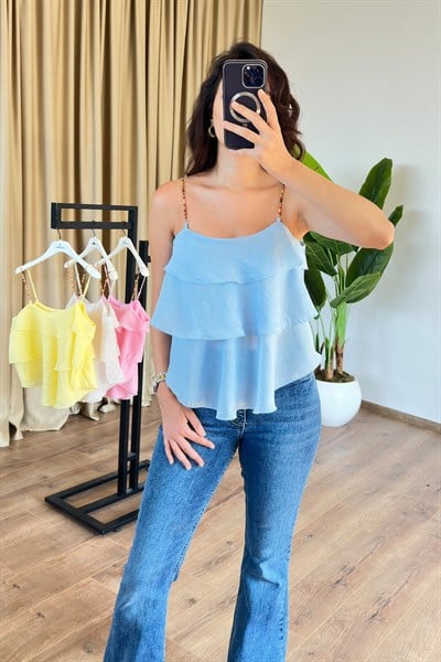 Askısı Boncuklu Kat Kat Bebe Mavisi Fırfır Bluz