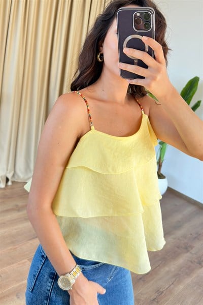 Askısı Boncuklu Kat Kat Sarı Fırfır Bluz