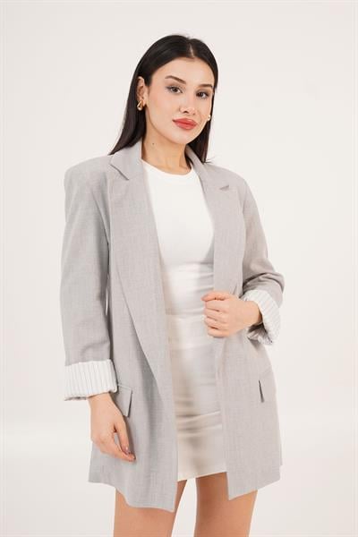Astarı Çizgi Detaylı Gri Blazer Ceket