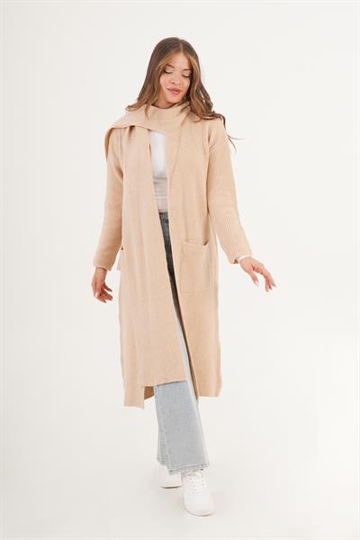 Atkılı Oversize Uzun Cepli Camel Triko Hırka