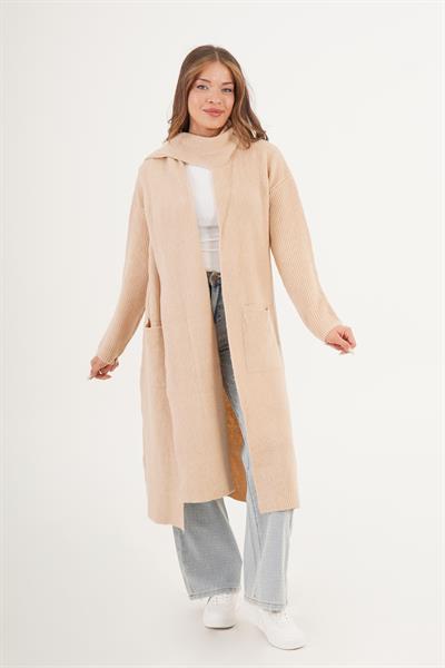 Atkılı Oversize Uzun Cepli Camel Triko Hırka