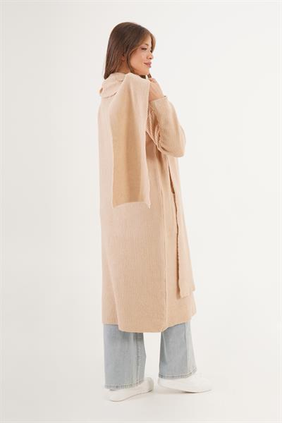 Atkılı Oversize Uzun Cepli Camel Triko Hırka