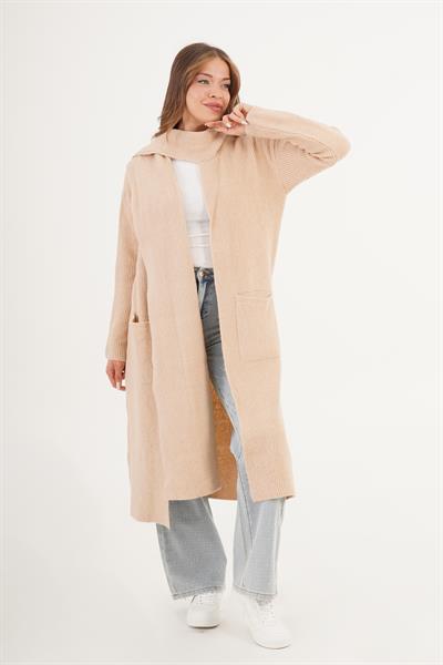 Atkılı Oversize Uzun Cepli Camel Triko Hırka