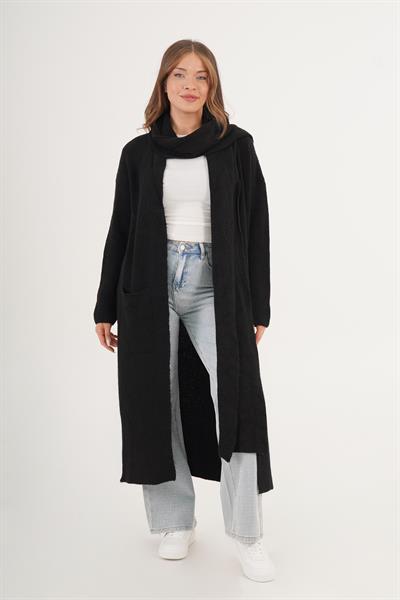 Atkılı Oversize Uzun Cepli Siyah Triko Hırka