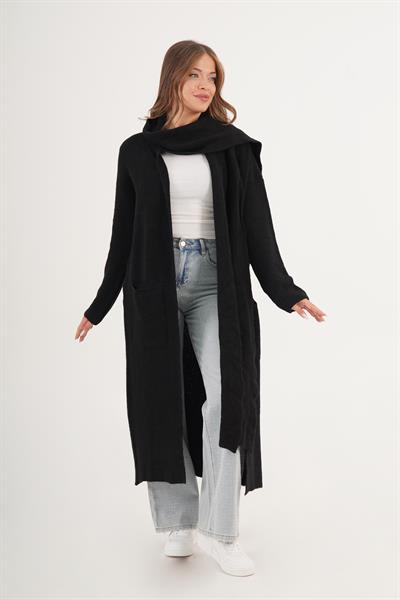 Atkılı Oversize Uzun Cepli Siyah Triko Hırka