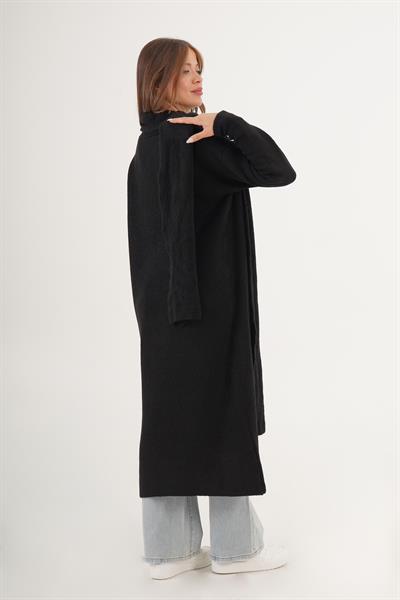 Atkılı Oversize Uzun Cepli Siyah Triko Hırka