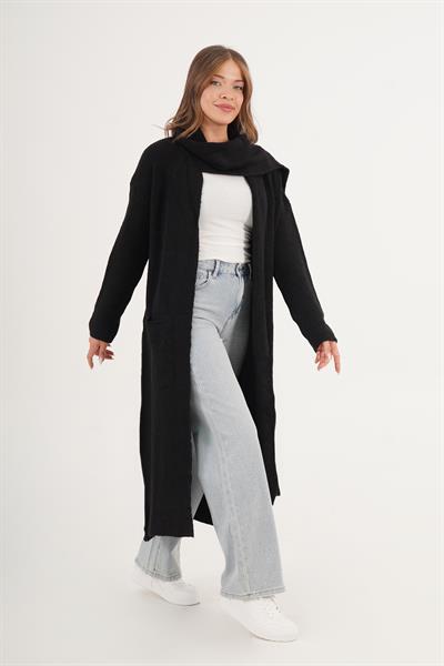 Atkılı Oversize Uzun Cepli Siyah Triko Hırka