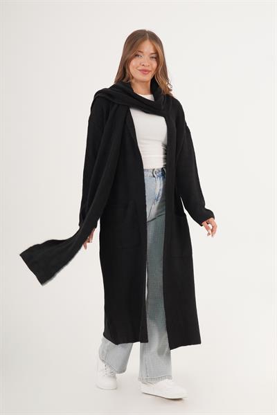 Atkılı Oversize Uzun Cepli Siyah Triko Hırka