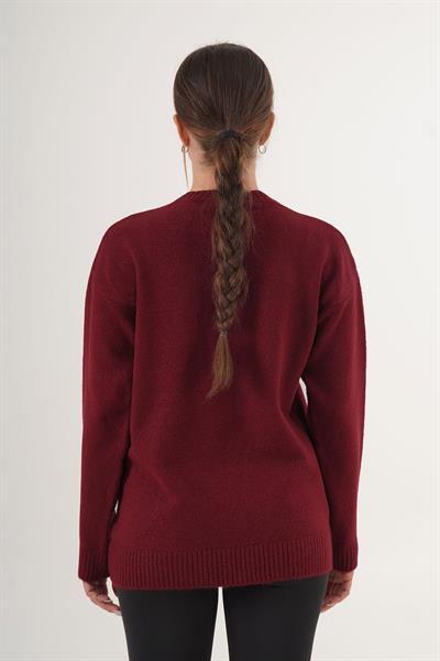 Ayı Nakışlı Bisiklet Yaka Bordo Triko Kazak