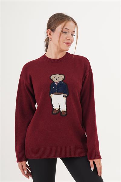 Ayı Nakışlı Bisiklet Yaka Bordo Triko Kazak