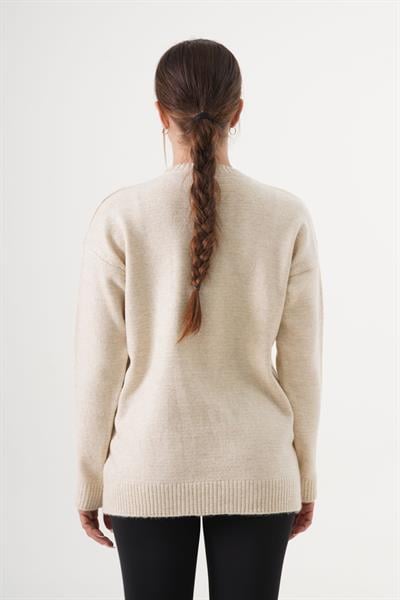 Ayı Nakışlı Bisiklet Yaka Krem Triko Kazak