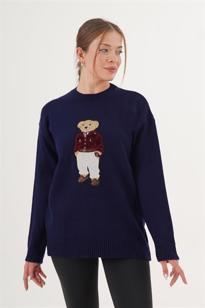 Ayı Nakışlı Bisiklet Yaka Lacivert Triko Kazak