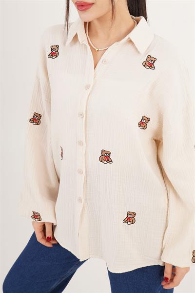 Ayıcık Nakışlı Bej Salaş Gömlek