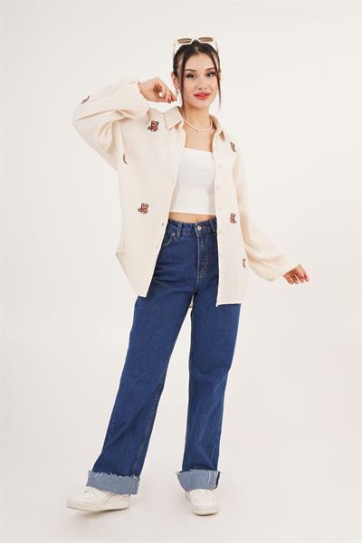 Ayıcık Nakışlı Bej Salaş Gömlek