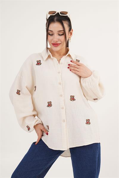 Ayıcık Nakışlı Bej Salaş Gömlek