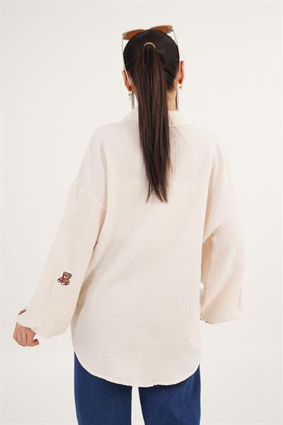 Ayıcık Nakışlı Bej Salaş Gömlek