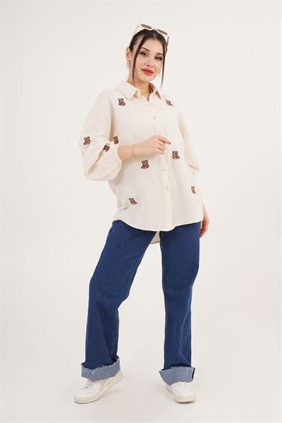 Ayıcık Nakışlı Bej Salaş Gömlek