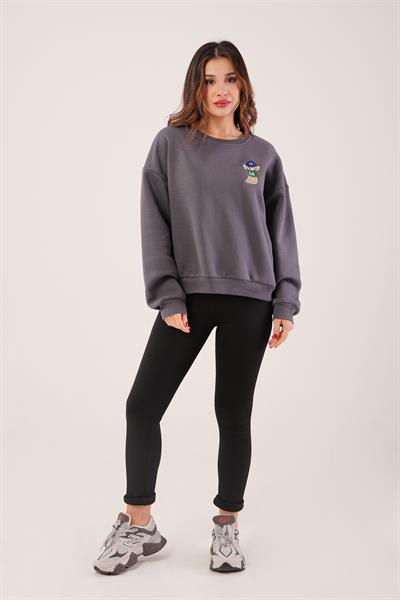 Ayıcık Nakışlı Bisiklet Yaka Antrasit Sweatshirt