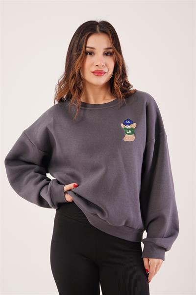 Ayıcık Nakışlı Bisiklet Yaka Antrasit Sweatshirt