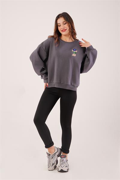 Ayıcık Nakışlı Bisiklet Yaka Antrasit Sweatshirt