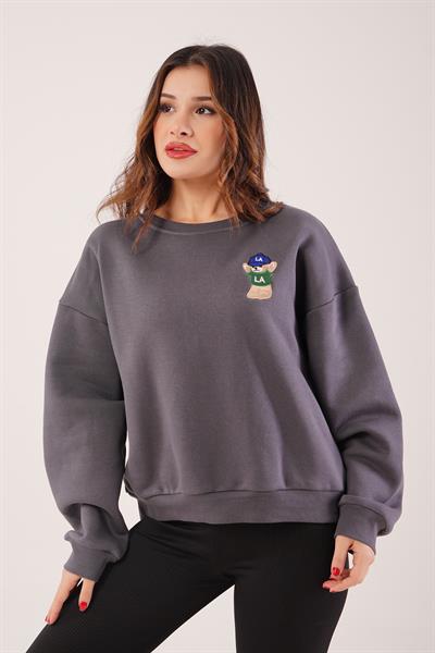 Ayıcık Nakışlı Bisiklet Yaka Antrasit Sweatshirt