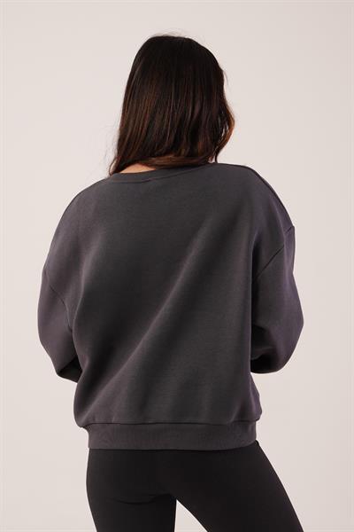 Ayıcık Nakışlı Bisiklet Yaka Antrasit Sweatshirt