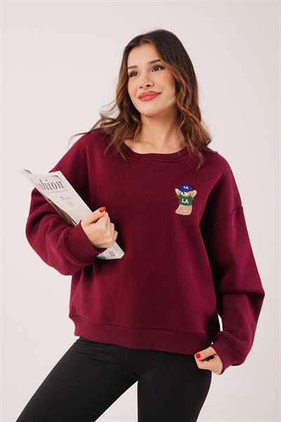 Ayıcık Nakışlı Bisiklet Yaka Bordo Sweatshirt