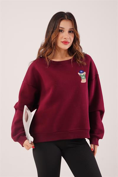 Ayıcık Nakışlı Bisiklet Yaka Bordo Sweatshirt