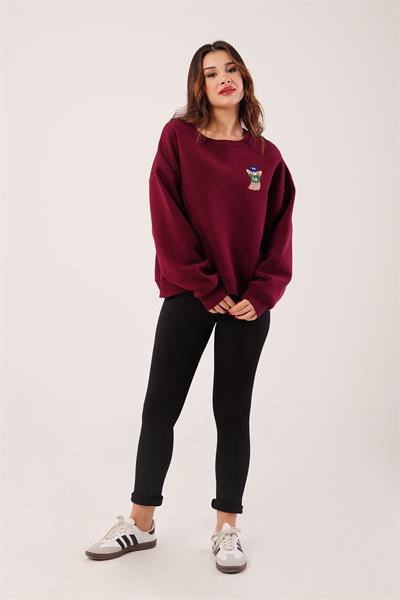 Ayıcık Nakışlı Bisiklet Yaka Bordo Sweatshirt