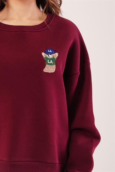 Ayıcık Nakışlı Bisiklet Yaka Bordo Sweatshirt