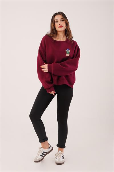 Ayıcık Nakışlı Bisiklet Yaka Bordo Sweatshirt