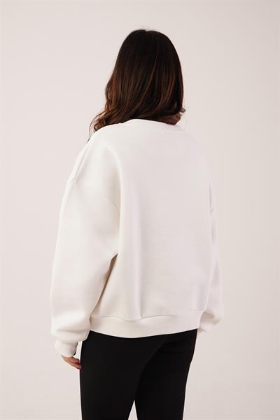 Ayıcık Nakışlı Bisiklet Yaka Ekru Sweatshirt