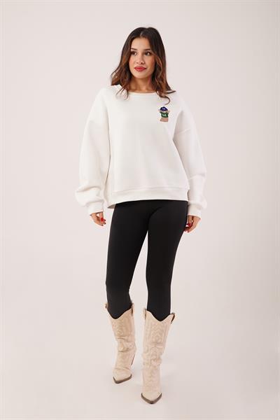Ayıcık Nakışlı Bisiklet Yaka Ekru Sweatshirt