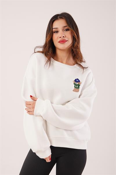 Ayıcık Nakışlı Bisiklet Yaka Ekru Sweatshirt