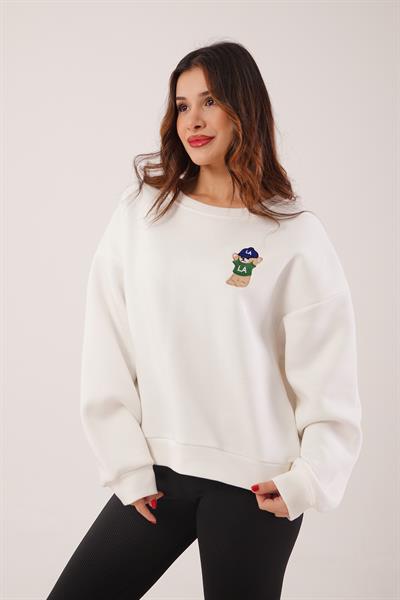 Ayıcık Nakışlı Bisiklet Yaka Ekru Sweatshirt