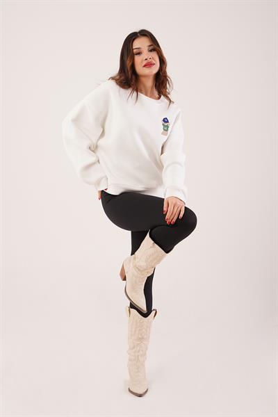 Ayıcık Nakışlı Bisiklet Yaka Ekru Sweatshirt